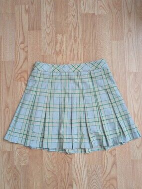 Aritzia Sunday Best Olive Pleated Mini Skirt 15" Plein Air Seagrass Check Size 6